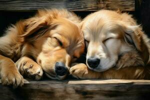 Adorable Two dogs sleeps together. Generate Ai photo