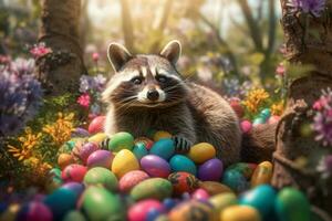 Adorable raccoon with colorful Easter eggs in forest. Generate ai photo