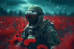 Soldier uniform in poppy field. Generate Ai photo