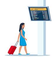 Woman with wheeled suitcase hurrying to flight at airport. Passenger in airport waiting room or departure lounge with information panel. Travel concept. Vector illustration.