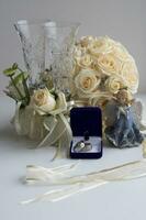 Bride's Round bouquet on table in the room photo