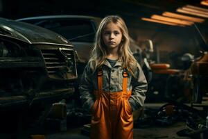 valiente coche mecánico niño niña cochera. generar ai foto