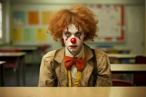 Boy clown at school view. Generate Ai photo