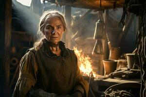 Blacksmith old woman work forge. Generate Ai photo