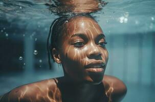 mujer submarino piscina negro muchacha. generar ai foto
