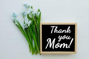 text Thank you Mom on black background. bouquet of spring flowers next to wooden frame. photo