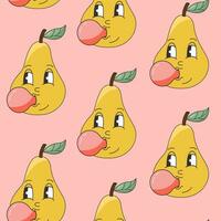 90s Fruit Funny Retro Groovy Pattern with Cartoon Hippie Character. Comic Character of Pears chewing gum with a face. Groovy Summer Vector Print. Sweet Juicy Fresh Fruits.