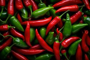 Fresh Chili peppers top view background. Generate Ai photo