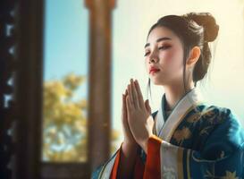 Beautiful girl praying. Generate ai photo