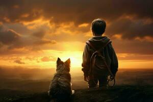 Jovial Child girl friendly dog sunset. Generate Ai photo