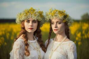 hermosa muchachas campo flores retrato. generar ai foto