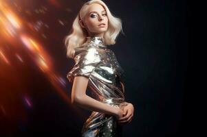 Blonde girl in shiny dress. Generate Ai photo