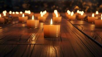 candles with warm tone lighting on wooden floor. peaceful and calm concept. generative AI photo