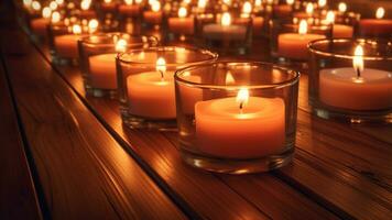 candles with warm tone lighting on wooden floor. peaceful and calm concept. generative AI photo