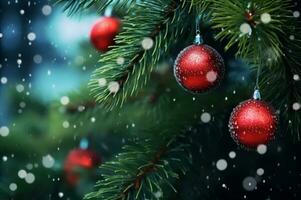 Christmas background with decorated christmas tree outdoors in snowfall AI Generated photo