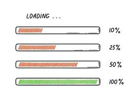 Set of doodle loading bars. Sketch download progress vector illustration, Upload status indicator. Computer user interface design element.