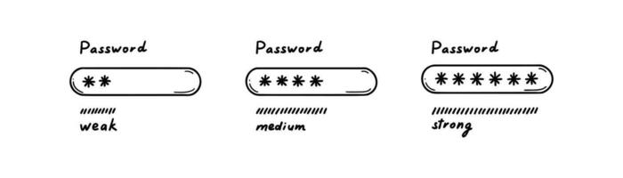 Doodle strong, weak, medium password concept. Hand drawn sketch login, logout, verification, sign up, authorisation illustration. Mobile app and pc user interface vector