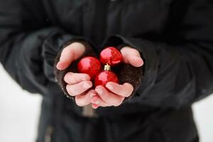 el congelado palma de un niño en pie en el frío y participación Tres rojo pelotas a Decorar un Navidad árbol foto