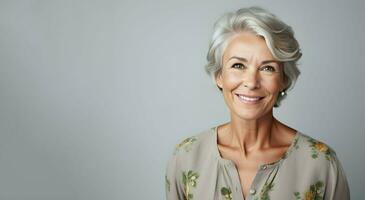 portrait of a gorgeous 50s mid age  woman with gray hair smiling, copy space.  AI Generative photo