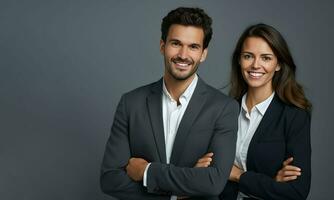 un hombre y mujer en negocio atuendo posando para el cámara. ai generativo foto