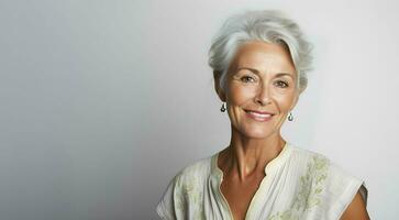 retrato de un maravilloso Años 50 medio años mujer con gris pelo sonriente, Copiar espacio. ai generativo foto