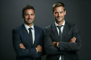 two men in suits standing together against a dark background.  AI Generative photo