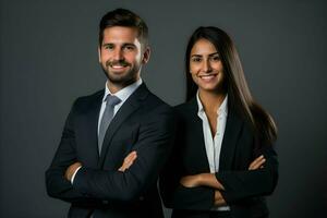 un hombre y mujer en negocio atuendo posando para el cámara. ai generativo foto