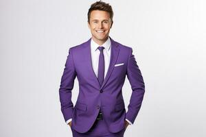 a man in a purple suit posing for a photo. ai generative photo