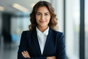 portrait of a business woman with arms crossed in office. ai generative photo