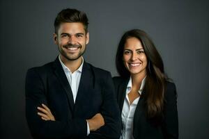 un hombre y mujer en negocio atuendo posando para el cámara. ai generativo foto