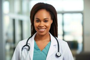 un sonriente negro mujer en un del doctor abrigo. ai generativo foto