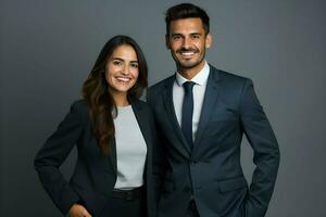 un hombre y mujer en negocio atuendo posando para el cámara. ai generativo foto