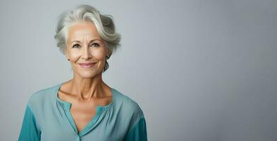 portrait of a gorgeous 50s mid age  woman with gray hair smiling, copy space.  AI Generative photo