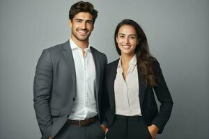 un hombre y mujer en negocio atuendo posando para el cámara. ai generativo foto