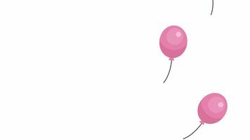 volador hacia arriba rosado globos en Derecha lado 2d objetos animación. entretenimiento plano dibujos animados 4k video, transparente alfa canal. especial ocasiones decoraciones animado elementos en blanco antecedentes video