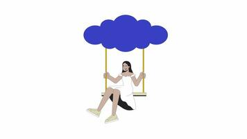 Happy girl rides on swing hanging from cloud line 2D animation. Swinging woman carefree 4K video motion graphic. Flying high. Dreams imagination linear animated cartoon flat concept, white background
