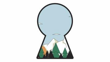 Looking through keyhole fantastic world line 2D animation. Levitating car over spruces mountain 4K video motion graphic. Peeping through key hole linear animated cartoon flat concept, white background