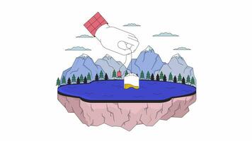 Steeping teabag into mountain lake line 2D animation. Surreal dunking tea bag in water 4K video motion graphic. Organic tea infusing, brewing linear animated cartoon flat concept, white background