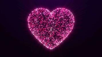 Abstract heart of particles emitting rays of light. 3D neon heart particles, shiny and glowing stars. Glowing pink love animation for Valentine's Day. Seamless loop abstract background video