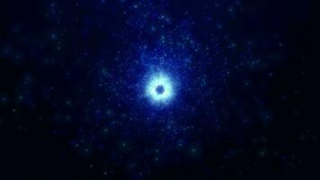 astratto spazio scena con animazione di raggiante particelle emitting travi di luce, esplosione di blu particelle, tunnel per spazio, senza soluzione di continuità ciclo continuo video