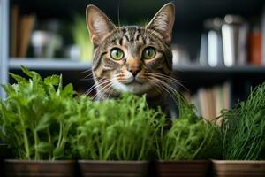 gatito en el antepecho comiendo verduras generativo ai foto