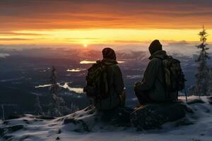 friends on top of the rocks admiring the sunset generative ai photo