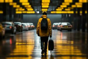 young man with luggage walks along the road next to a taxi generative ai photo