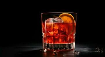 Glass of tasty alcoholic negroni cocktail with orange slice, copy space. ai generative photo