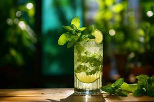 mojito cóctel con Lima y menta en de madera mesa. ai generativo foto