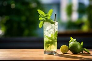 mojito cocktail with lime and mint. ai generative photo