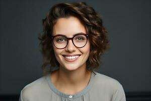 un mujer con lentes sonriente y mirando a el cámara. ai generativo foto