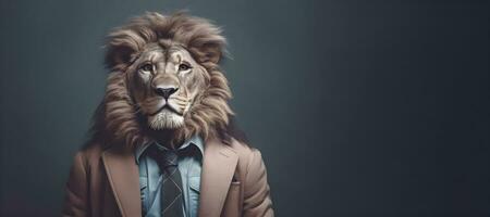 un león vistiendo un traje y atar. ai generativo foto