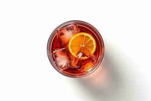 Glass of tasty alcoholic negroni cocktail with orange slice , top veiw. ai generative photo