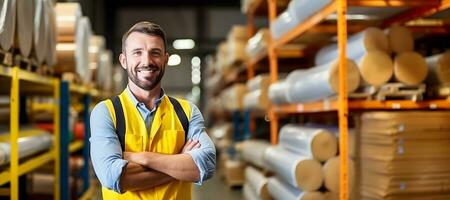 a smiling man in a warehouse with stacks of boxes. ai generative photo